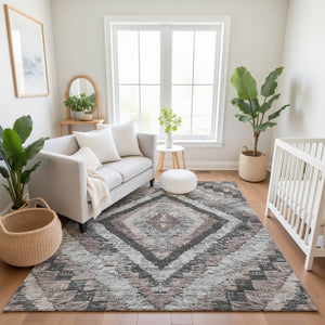 HomeRoots 10' Washable Area Rug in Taupe, Charcoal & Gray Diamond Pattern - UV Protected, Stain-Resistant Design 707089