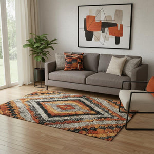 HomeRoots 8' Stylish Terra Cotta Charcoal Gray Diamond Washable Round Rug with UV Protection & Stain Resistance 707092