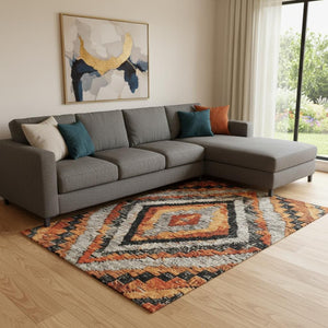 HomeRoots 9' X 12' Stylish Terra Cotta and Gray Diamond Area Rug - Washable, UV Protected, Stain Resistant 707094
