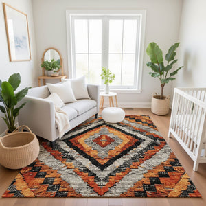 HomeRoots 9' X 12' Stylish Terra Cotta and Gray Diamond Area Rug - Washable, UV Protected, Stain Resistant 707094