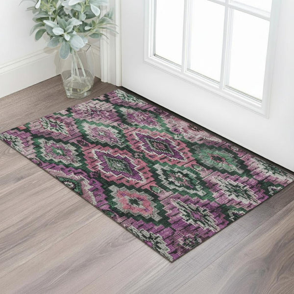 HomeRoots 5' X 8' Blush Green & Ivory Ikat Area Rug - Washable, Stain-Resistant, UV Protected for Homes 707097