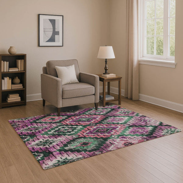 HomeRoots 8' Washable Blush Green & Ivory Ikat Round Rug – UV Protected, Stain-Resistant, Durable Design! 707098