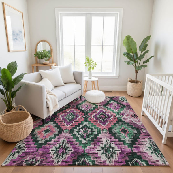 HomeRoots 8' Washable Blush Green & Ivory Ikat Round Rug – UV Protected, Stain-Resistant, Durable Design! 707098