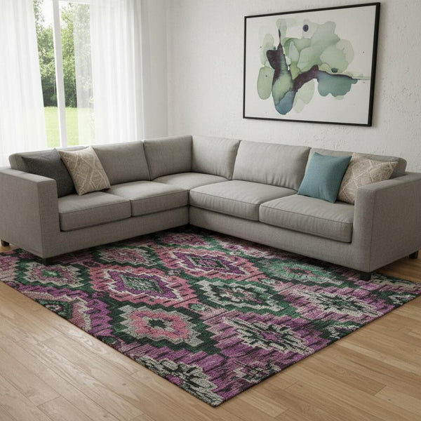 HomeRoots 9' X 12' Blush Green Ikat Area Rug - Washable, UV Protected, Stylish & Durable for High-Traffic Areas 707100