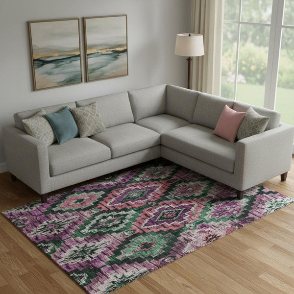 HomeRoots 10' X 14' Blush Green & Ivory Ikat Washable Area Rug with UV Protection - Stylish & Durable Design 707101