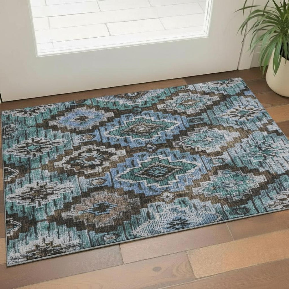 HomeRoots 5' X 8' Ikat Area Rug in Brown and Blue – Washable, UV-Protected, Pet-Friendly for Modern Spaces! 707103