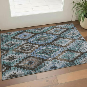 HomeRoots 5' X 8' Ikat Area Rug in Brown and Blue – Washable, UV-Protected, Pet-Friendly for Modern Spaces! 707103