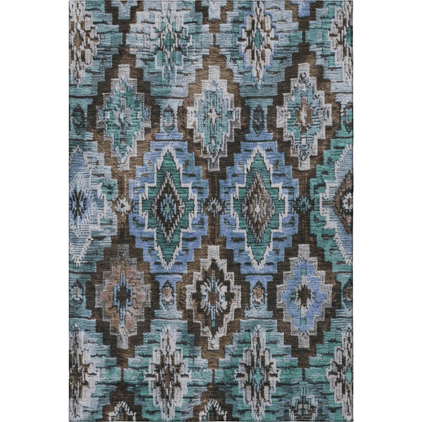 HomeRoots 5' X 8' Ikat Area Rug in Brown and Blue – Washable, UV-Protected, Pet-Friendly for Modern Spaces! 707103