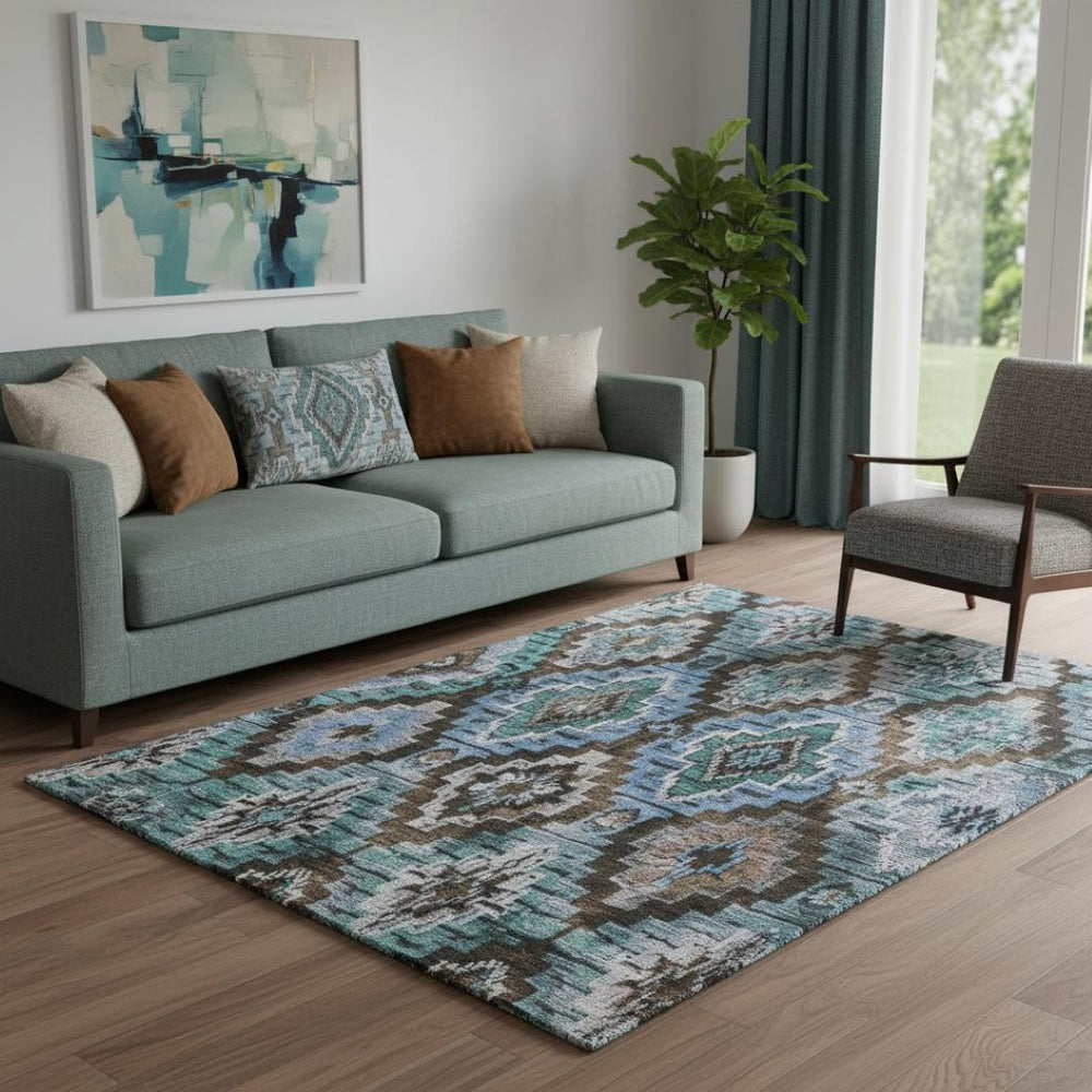 HomeRoots 8' Brown and Blue Ikat Washable Round Rug - UV Resistant, Non-Slip, Perfect for Busy Homes & Decor 707104