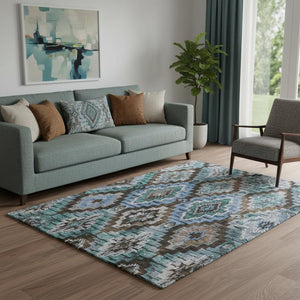 HomeRoots 8' Brown and Blue Ikat Washable Round Rug - UV Resistant, Non-Slip, Perfect for Busy Homes & Decor 707104