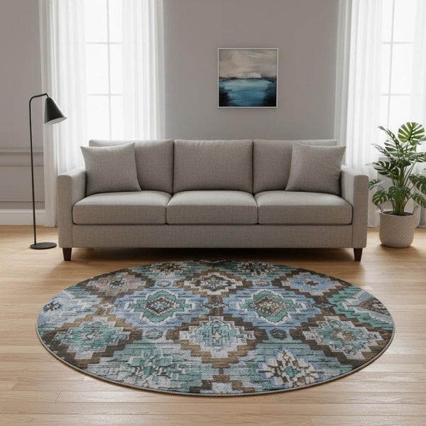 HomeRoots 8' X 10' Ikat Area Rug in Brown and Blue - Washable, UV Protected, Perfect for High-Traffic Homes 707105