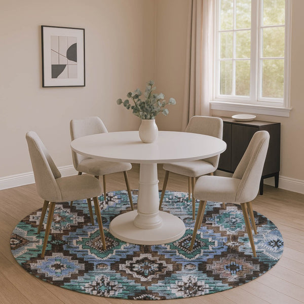 HomeRoots 8' X 10' Ikat Area Rug in Brown and Blue - Washable, UV Protected, Perfect for High-Traffic Homes 707105