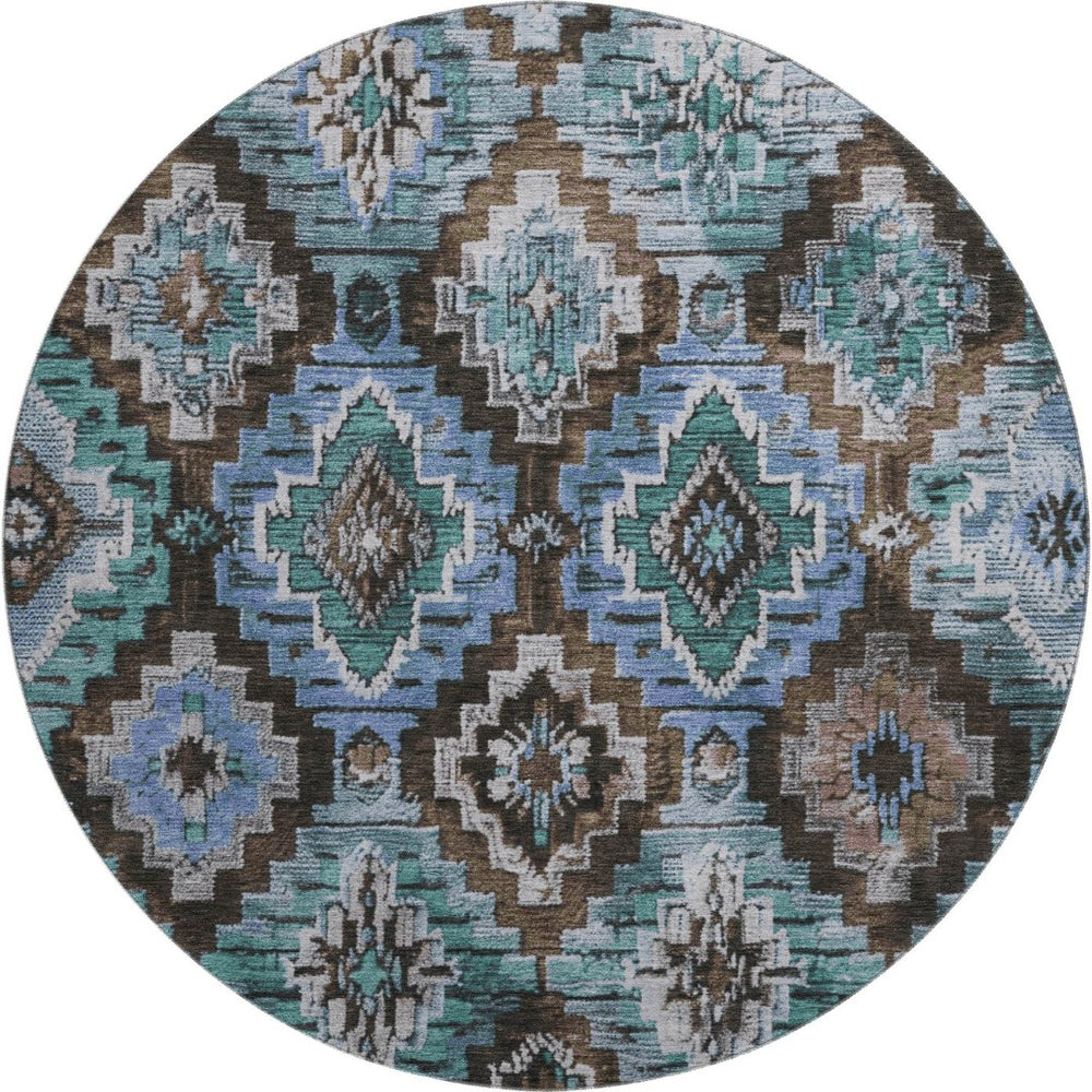 HomeRoots 8' X 10' Ikat Area Rug in Brown and Blue - Washable, UV Protected, Perfect for High-Traffic Homes 707105