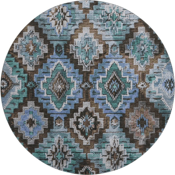 HomeRoots 8' X 10' Ikat Area Rug in Brown and Blue - Washable, UV Protected, Perfect for High-Traffic Homes 707105