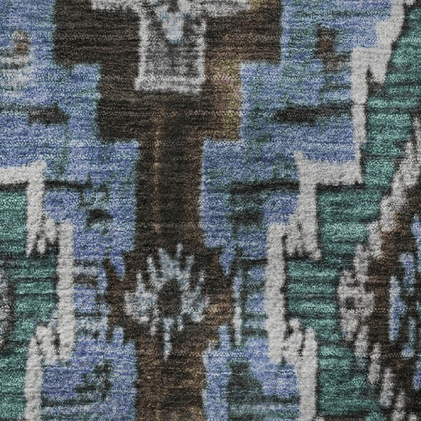 HomeRoots 8' X 10' Ikat Area Rug in Brown and Blue - Washable, UV Protected, Perfect for High-Traffic Homes 707105