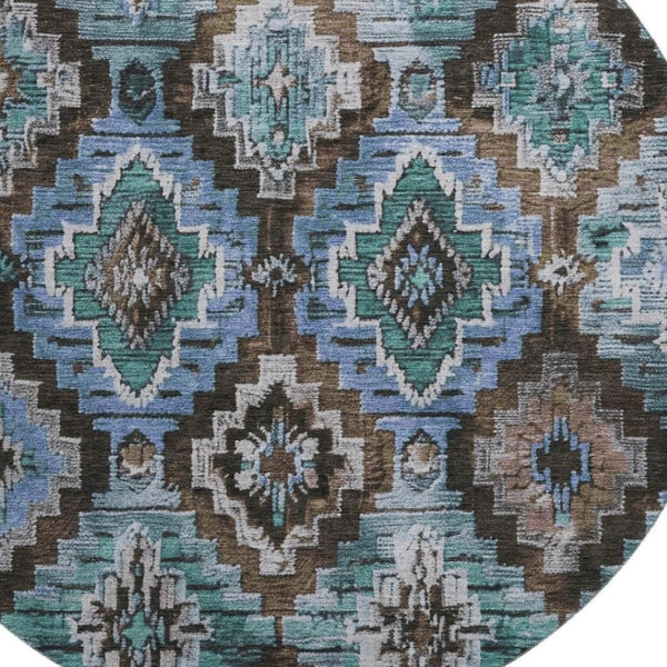 HomeRoots 8' X 10' Ikat Area Rug in Brown and Blue - Washable, UV Protected, Perfect for High-Traffic Homes 707105