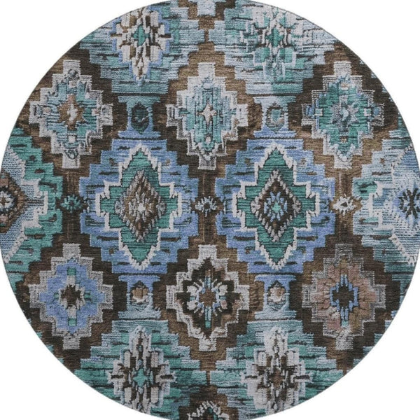 HomeRoots 8' X 10' Ikat Area Rug in Brown and Blue - Washable, UV Protected, Perfect for High-Traffic Homes 707105