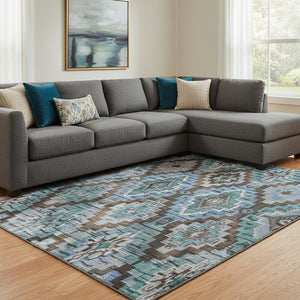 HomeRoots 9' X 12' Brown and Blue Ikat Area Rug - Washable, UV-Protected, Ideal for High-Traffic Spaces! 707106