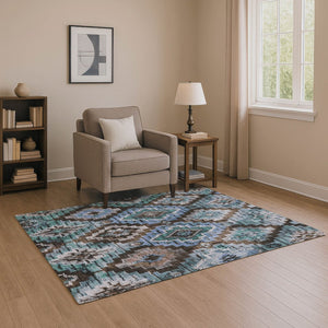 HomeRoots 9' X 12' Brown and Blue Ikat Area Rug - Washable, UV-Protected, Ideal for High-Traffic Spaces! 707106