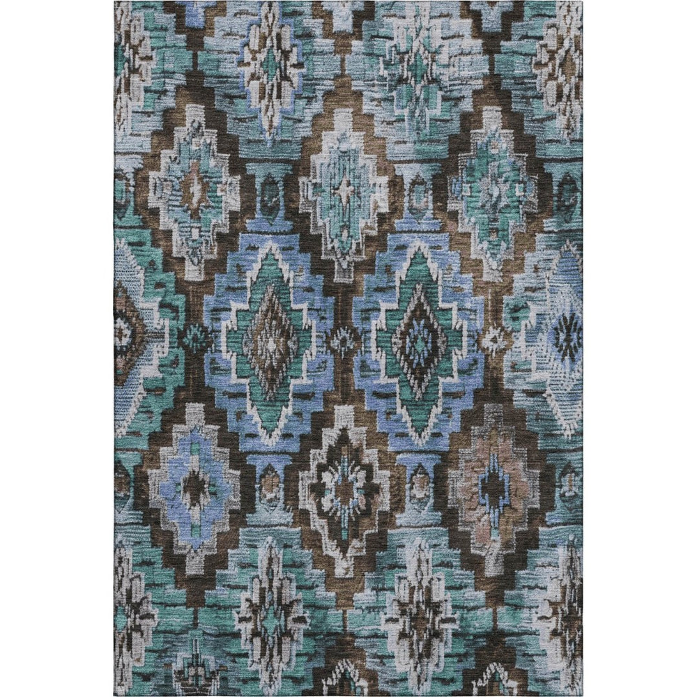 HomeRoots 9' X 12' Brown and Blue Ikat Area Rug - Washable, UV-Protected, Ideal for High-Traffic Spaces! 707106