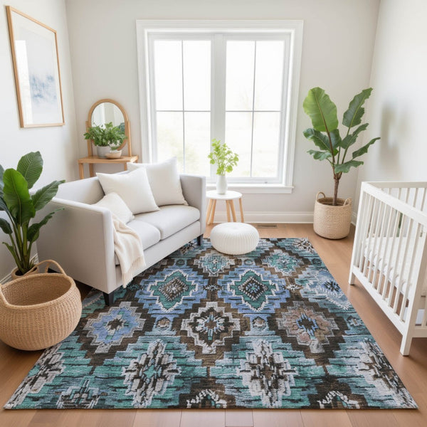 HomeRoots 9' X 12' Brown and Blue Ikat Area Rug - Washable, UV-Protected, Ideal for High-Traffic Spaces! 707106