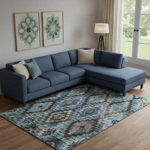 HomeRoots 10' X 14' Stylish Brown and Blue Ikat Washable Area Rug with UV Protection for Modern Homes 707107