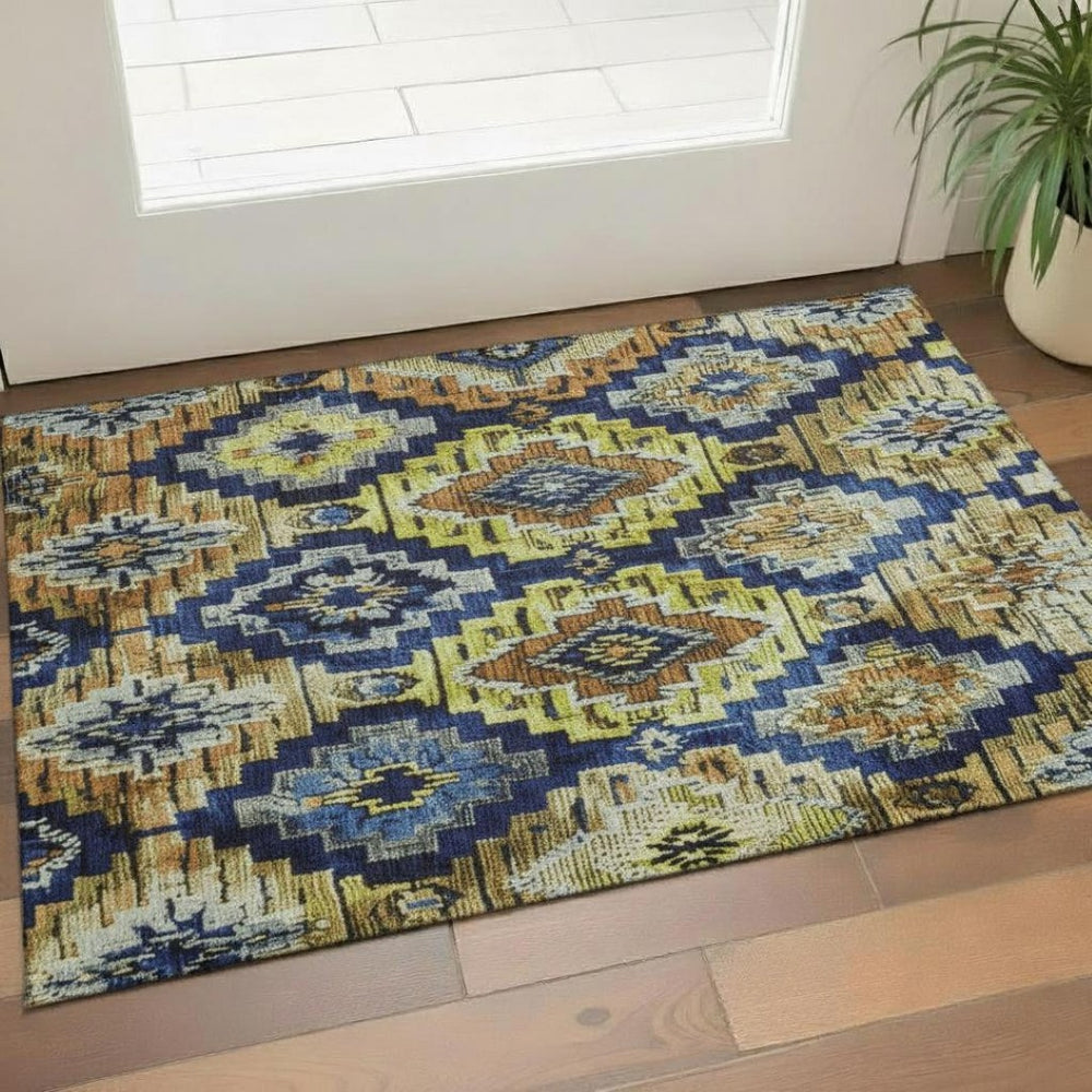 HomeRoots 5' X 8' Ikat Area Rug in Navy Blue, Gold & Beige - Washable, UV Protected & Perfect for Families! 707109
