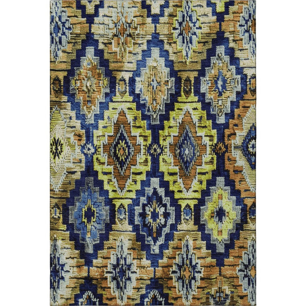 HomeRoots 5' X 8' Ikat Area Rug in Navy Blue, Gold & Beige - Washable, UV Protected & Perfect for Families! 707109