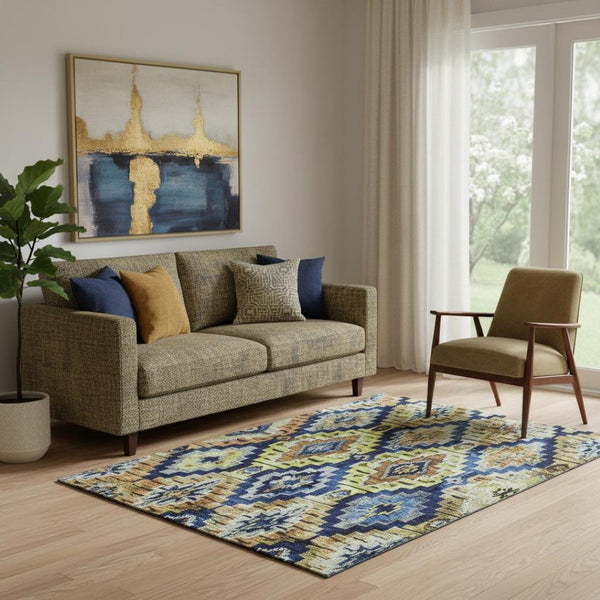 HomeRoots 8' Washable Navy Blue Gold Beige Ikat Round Rug - Durable, UV Protected & Kid-Pet Friendly Design 707110