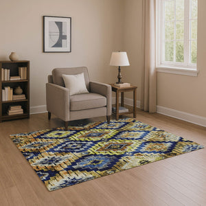 HomeRoots 8' Washable Navy Blue Gold Beige Ikat Round Rug - Durable, UV Protected & Kid-Pet Friendly Design 707110