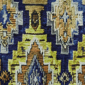 HomeRoots 8' Washable Navy Blue Gold Beige Ikat Round Rug - Durable, UV Protected & Kid-Pet Friendly Design 707110
