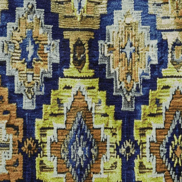 HomeRoots 8' Washable Navy Blue Gold Beige Ikat Round Rug - Durable, UV Protected & Kid-Pet Friendly Design 707110