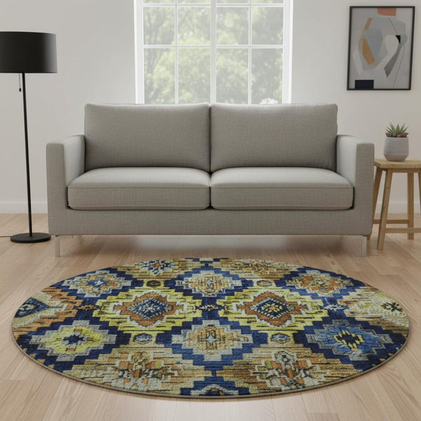 HomeRoots 8' X 10' Washable Ikat Area Rug in Navy, Gold, & Beige - Durable, UV-Protected, Stylish & Easy Care 707111