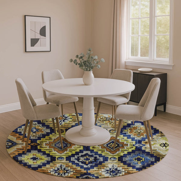HomeRoots 8' X 10' Washable Ikat Area Rug in Navy, Gold, & Beige - Durable, UV-Protected, Stylish & Easy Care 707111