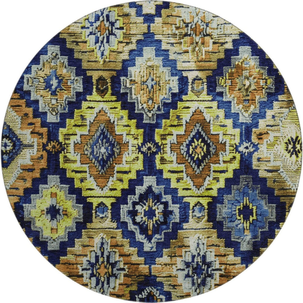 HomeRoots 8' X 10' Washable Ikat Area Rug in Navy, Gold, & Beige - Durable, UV-Protected, Stylish & Easy Care 707111