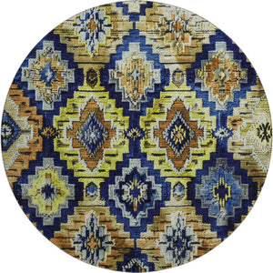 HomeRoots 8' X 10' Washable Ikat Area Rug in Navy, Gold, & Beige - Durable, UV-Protected, Stylish & Easy Care 707111
