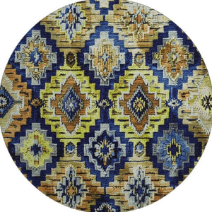 HomeRoots 8' X 10' Washable Ikat Area Rug in Navy, Gold, & Beige - Durable, UV-Protected, Stylish & Easy Care 707111