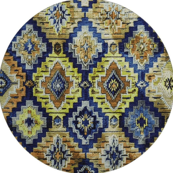 HomeRoots 8' X 10' Washable Ikat Area Rug in Navy, Gold, & Beige - Durable, UV-Protected, Stylish & Easy Care 707111