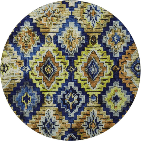 HomeRoots 8' X 10' Washable Ikat Area Rug in Navy, Gold, & Beige - Durable, UV-Protected, Stylish & Easy Care 707111