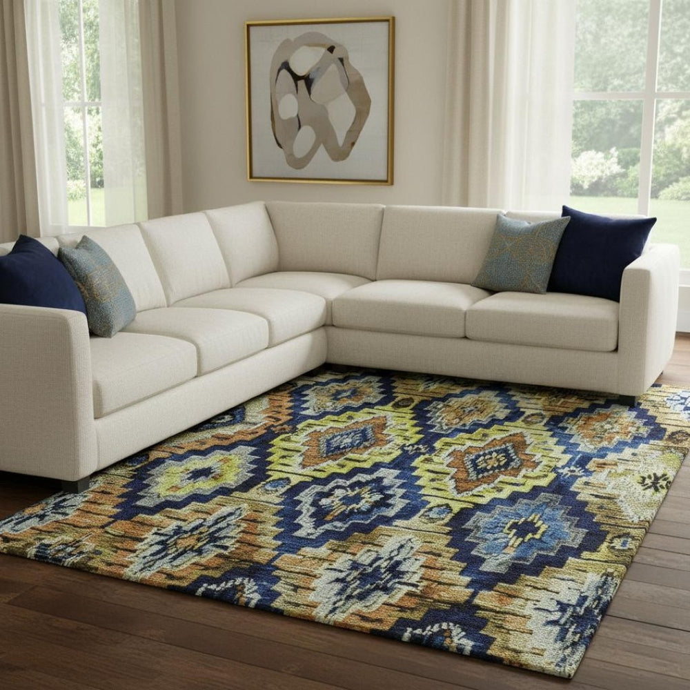 HomeRoots 9' Washable Ikat Area Rug in Navy Blue, Gold & Beige – UV Protected, Durable for High-Traffic Spaces 707112