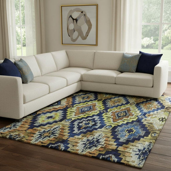 HomeRoots 9' Washable Ikat Area Rug in Navy Blue, Gold & Beige – UV Protected, Durable for High-Traffic Spaces 707112