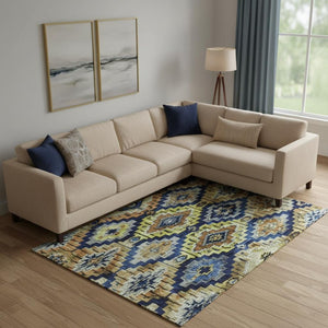 HomeRoots 10' Ikat Area Rug in Navy Blue, Gold & Beige - Durable, Washable, UV Protected for High-Traffic Spaces 707113