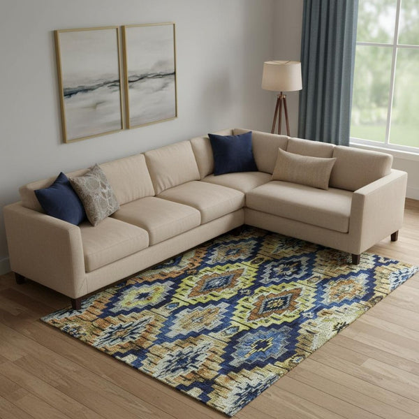 HomeRoots 10' Ikat Area Rug in Navy Blue, Gold & Beige - Durable, Washable, UV Protected for High-Traffic Spaces 707113