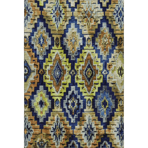 HomeRoots 10' Ikat Area Rug in Navy Blue, Gold & Beige - Durable, Washable, UV Protected for High-Traffic Spaces 707113