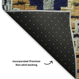 HomeRoots 10' Ikat Area Rug in Navy Blue, Gold & Beige - Durable, Washable, UV Protected for High-Traffic Spaces 707113
