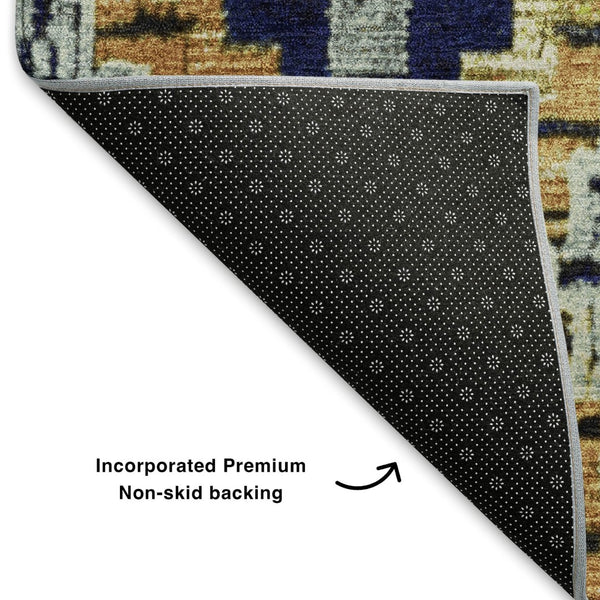 HomeRoots 10' Ikat Area Rug in Navy Blue, Gold & Beige - Durable, Washable, UV Protected for High-Traffic Spaces 707113