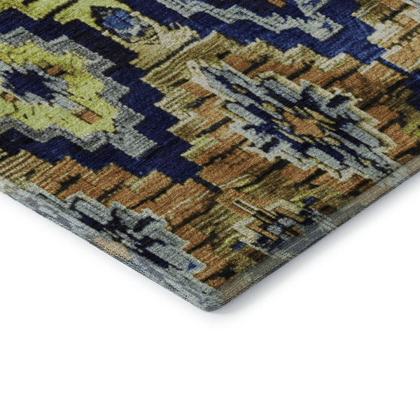 HomeRoots 10' Ikat Area Rug in Navy Blue, Gold & Beige - Durable, Washable, UV Protected for High-Traffic Spaces 707113