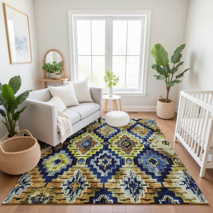 HomeRoots 10' Ikat Area Rug in Navy Blue, Gold & Beige - Durable, Washable, UV Protected for High-Traffic Spaces 707113