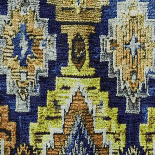 HomeRoots 10' Ikat Area Rug in Navy Blue, Gold & Beige - Durable, Washable, UV Protected for High-Traffic Spaces 707113