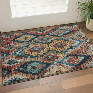 HomeRoots 5' X 8' Ikat Area Rug in Rust, Blue, and Coral - Washable, UV-Protected, Durable for High-Traffic Areas 707115